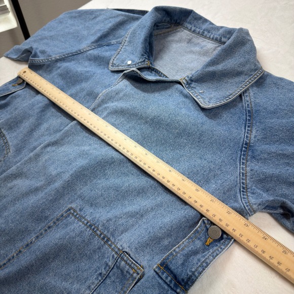 Forever 21 Premium Denim Jacket Women XL Blue Good Asymmetrical Utility Boxy - Picture 12 of 12